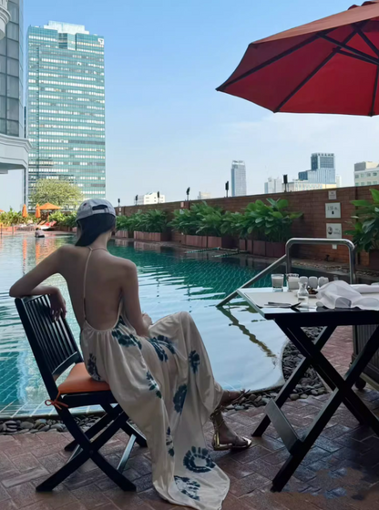 Flattering A-Line Floral Print Maxi Dress Chic Loose Fit V-Neck Backless Halter Long Dress AP3561