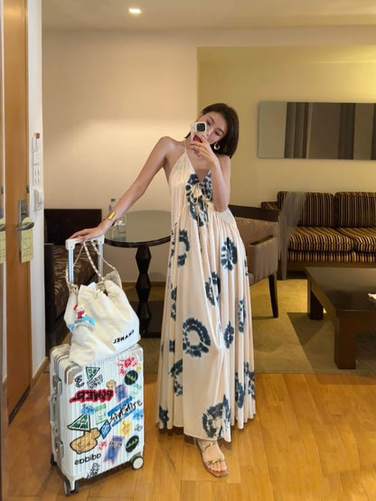 Flattering A-Line Floral Print Maxi Dress Chic Loose Fit V-Neck Backless Halter Long Dress AP3561