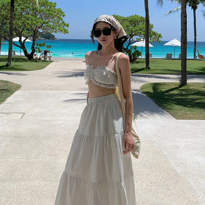 Fitted Two-Piece Set Spaghetti Straps Maxi Dress Elegant Ruffles Trim A-Line Crisscross Back Long Dress AP3562