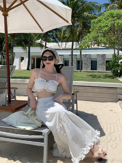 Fitted Two-Piece Set Spaghetti Straps Maxi Dress Elegant Ruffles Trim A-Line Crisscross Back Long Dress AP3562