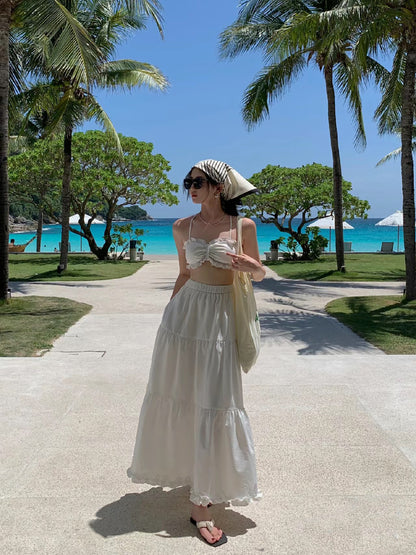 Fitted Two-Piece Set Spaghetti Straps Maxi Dress Elegant Ruffles Trim A-Line Crisscross Back Long Dress AP3562