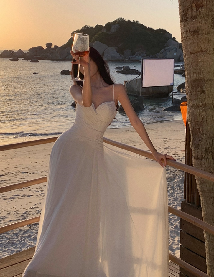 Stylish Cinched-Waist Spaghetti Straps White Maxi Dress Fitted A-Line Pleated Flowy Long Dress AP3563