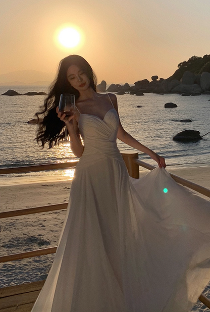 Stylish Cinched-Waist Spaghetti Straps White Maxi Dress Fitted A-Line Pleated Flowy Long Dress AP3563