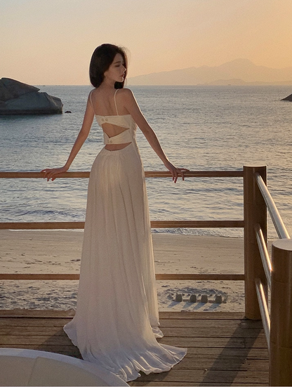 Stylish Cinched-Waist Spaghetti Straps White Maxi Dress Fitted A-Line Pleated Flowy Long Dress AP3563