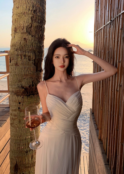 Stylish Cinched-Waist Spaghetti Straps White Maxi Dress Fitted A-Line Pleated Flowy Long Dress AP3563