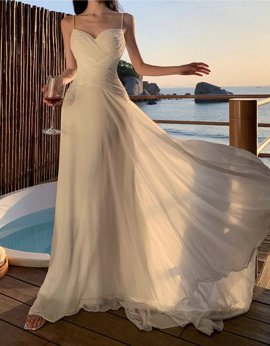 Stylish Cinched-Waist Spaghetti Straps White Maxi Dress Fitted A-Line Pleated Flowy Long Dress AP3563