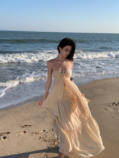 Playful Adjustable Strap 2-Piece Set Maxi Dress Vogue A-Line Slit Top Tiered Hem Halter Long Dress AP3564