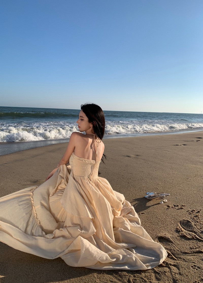 Playful Adjustable Strap 2-Piece Set Maxi Dress Vogue A-Line Slit Top Tiered Hem Halter Long Dress AP3564