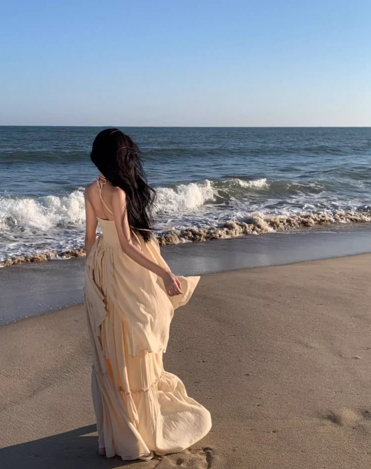 Playful Adjustable Strap 2-Piece Set Maxi Dress Vogue A-Line Slit Top Tiered Hem Halter Long Dress AP3564