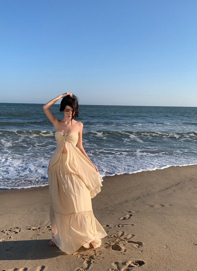 Playful Adjustable Strap 2-Piece Set Maxi Dress Vogue A-Line Slit Top Tiered Hem Halter Long Dress AP3564