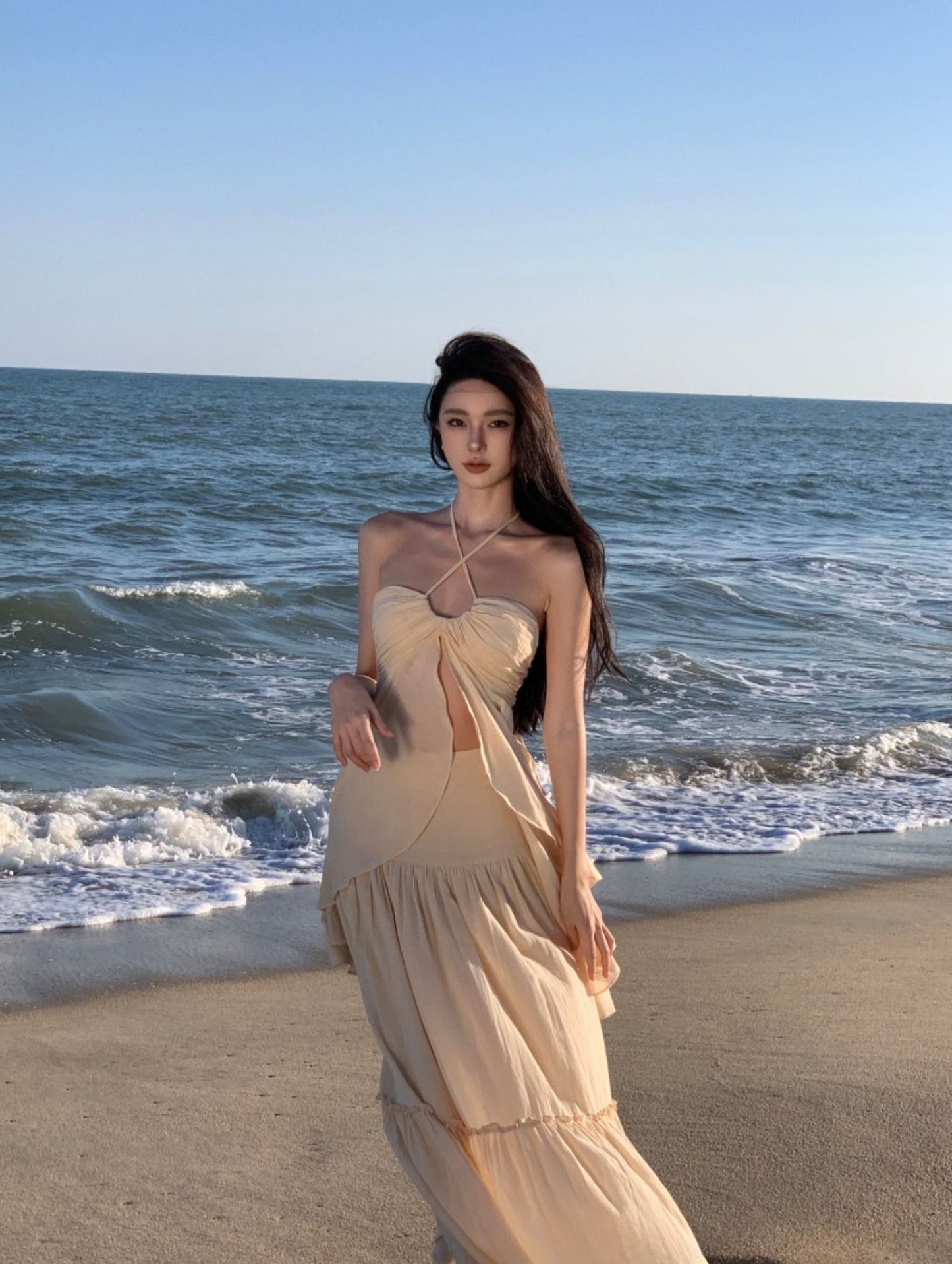 Playful Adjustable Strap 2-Piece Set Maxi Dress Vogue A-Line Slit Top Tiered Hem Halter Long Dress AP3564