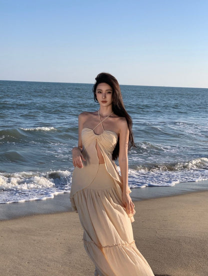 Playful Adjustable Strap 2-Piece Set Maxi Dress Vogue A-Line Slit Top Tiered Hem Halter Long Dress AP3564