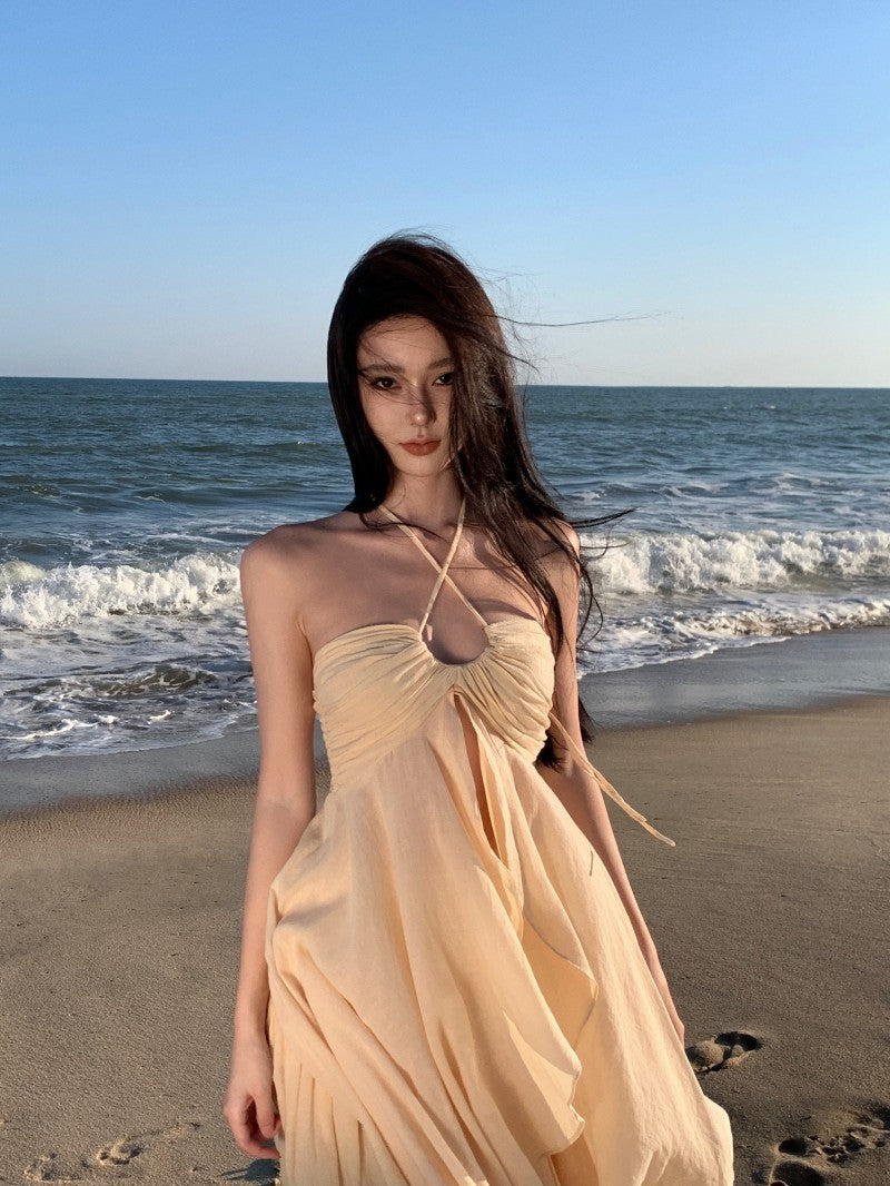 Playful Adjustable Strap 2-Piece Set Maxi Dress Vogue A-Line Slit Top Tiered Hem Halter Long Dress AP3564