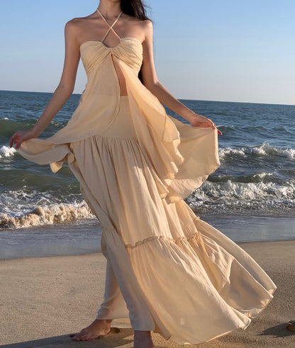 Playful Adjustable Strap 2-Piece Set Maxi Dress Vogue A-Line Slit Top Tiered Hem Halter Long Dress AP3564