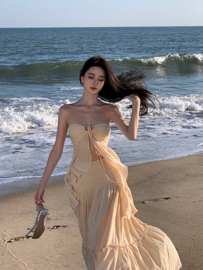 Playful Adjustable Strap 2-Piece Set Maxi Dress Vogue A-Line Slit Top Tiered Hem Halter Long Dress AP3564