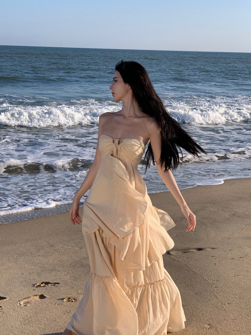 Playful Adjustable Strap 2-Piece Set Maxi Dress Vogue A-Line Slit Top Tiered Hem Halter Long Dress AP3564