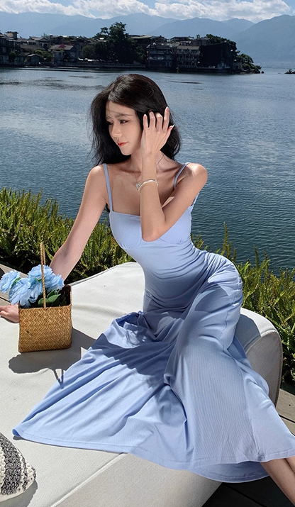 Adorable Backless Blue Maxi Dress Charming A-Line Spaghetti Straps Minimalism Long Dress AP3565