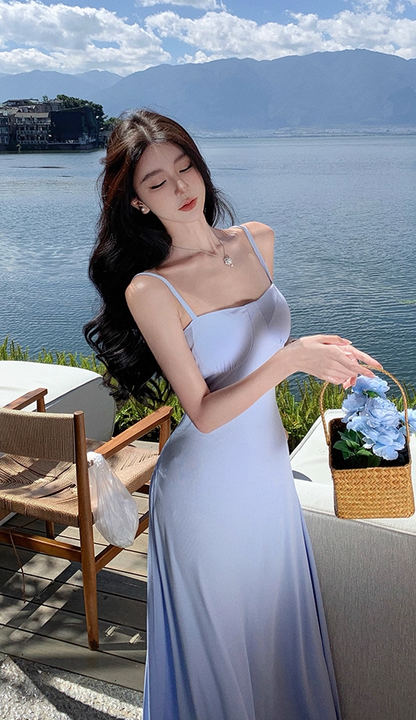 Adorable Backless Blue Maxi Dress Charming A-Line Spaghetti Straps Minimalism Long Dress AP3565