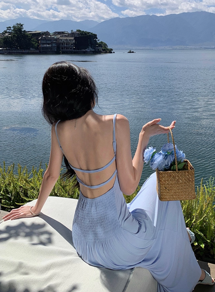 Adorable Backless Blue Maxi Dress Charming A-Line Spaghetti Straps Minimalism Long Dress AP3565