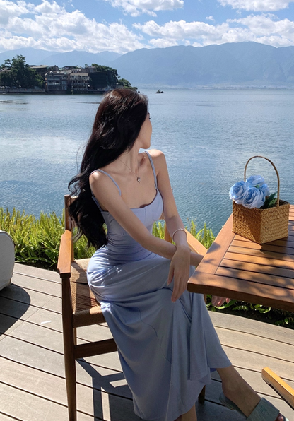 Adorable Backless Blue Maxi Dress Charming A-Line Spaghetti Straps Minimalism Long Dress AP3565