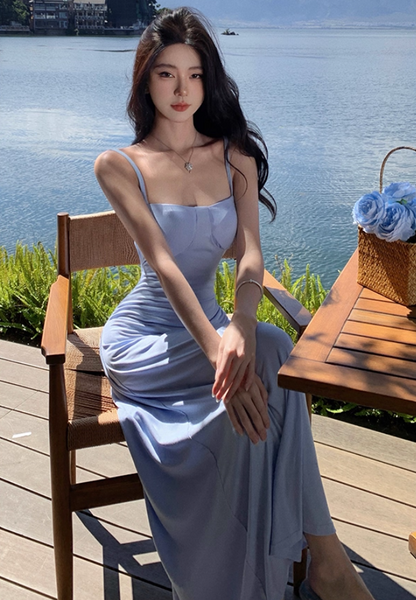 Adorable Backless Blue Maxi Dress Charming A-Line Spaghetti Straps Minimalism Long Dress AP3565