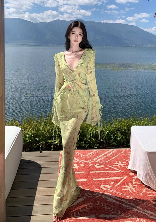 Flowy Long Sleeve Tie-Front Ruffles Trim Maxi Dresses Romantic 2-Piece Set Floral Print Sheath V-Neck Green Long Dress AP3566