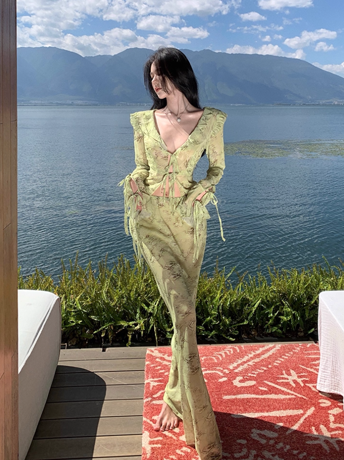 Flowy Long Sleeve Tie-Front Ruffles Trim Maxi Dresses Romantic 2-Piece Set Floral Print Sheath V-Neck Green Long Dress AP3566