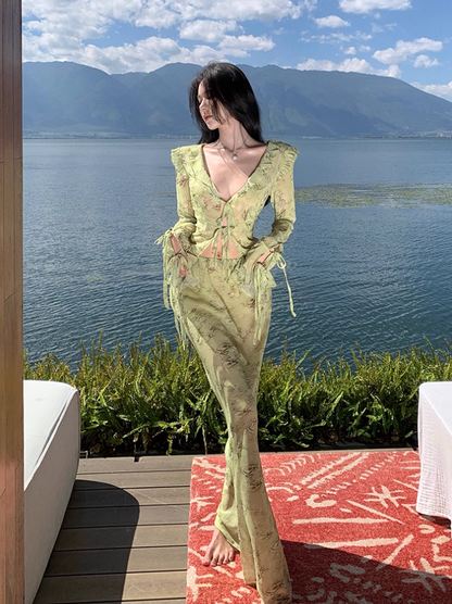 Flowy Long Sleeve Tie-Front Ruffles Trim Maxi Dresses Romantic 2-Piece Set Floral Print Sheath V-Neck Green Long Dress AP3566