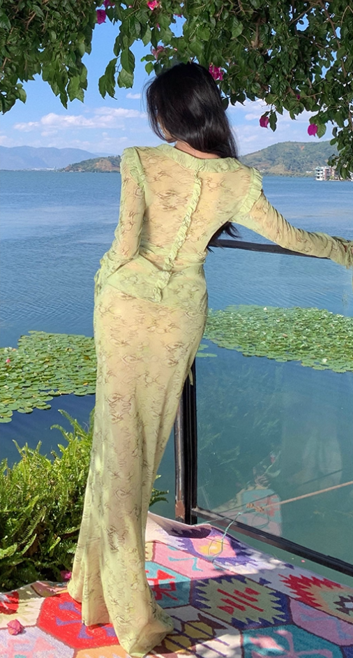 Flowy Long Sleeve Tie-Front Ruffles Trim Maxi Dresses Romantic 2-Piece Set Floral Print Sheath V-Neck Green Long Dress AP3566