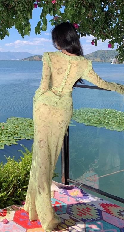 Flowy Long Sleeve Tie-Front Ruffles Trim Maxi Dresses Romantic 2-Piece Set Floral Print Sheath V-Neck Green Long Dress AP3566