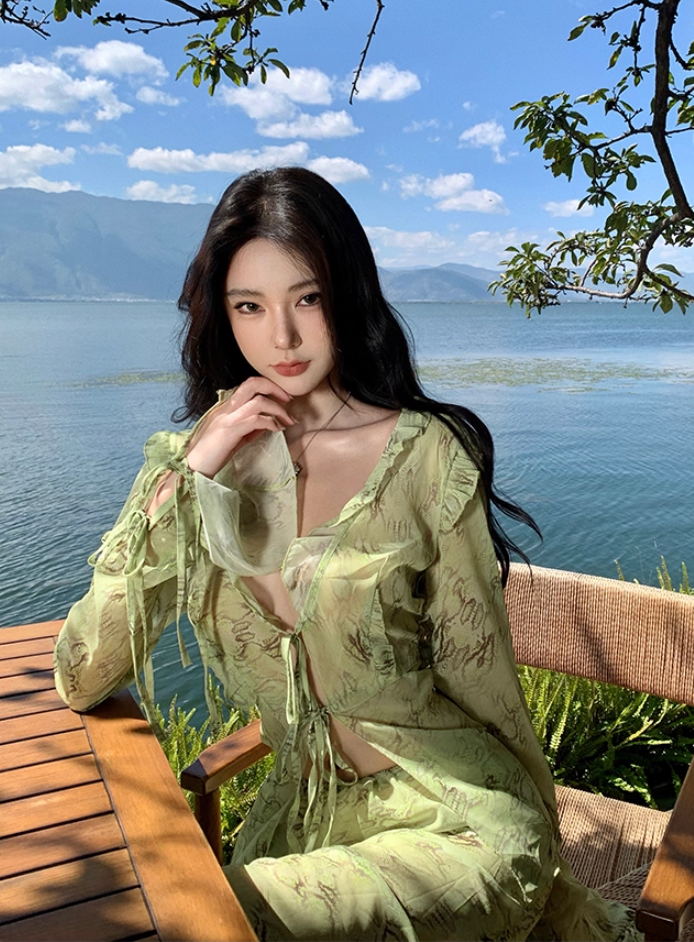 Flowy Long Sleeve Tie-Front Ruffles Trim Maxi Dresses Romantic 2-Piece Set Floral Print Sheath V-Neck Green Long Dress AP3566