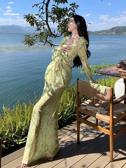 Flowy Long Sleeve Tie-Front Ruffles Trim Maxi Dresses Romantic 2-Piece Set Floral Print Sheath V-Neck Green Long Dress AP3566