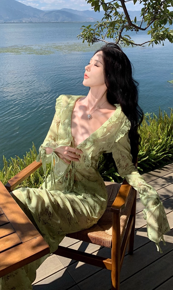 Flowy Long Sleeve Tie-Front Ruffles Trim Maxi Dresses Romantic 2-Piece Set Floral Print Sheath V-Neck Green Long Dress AP3566