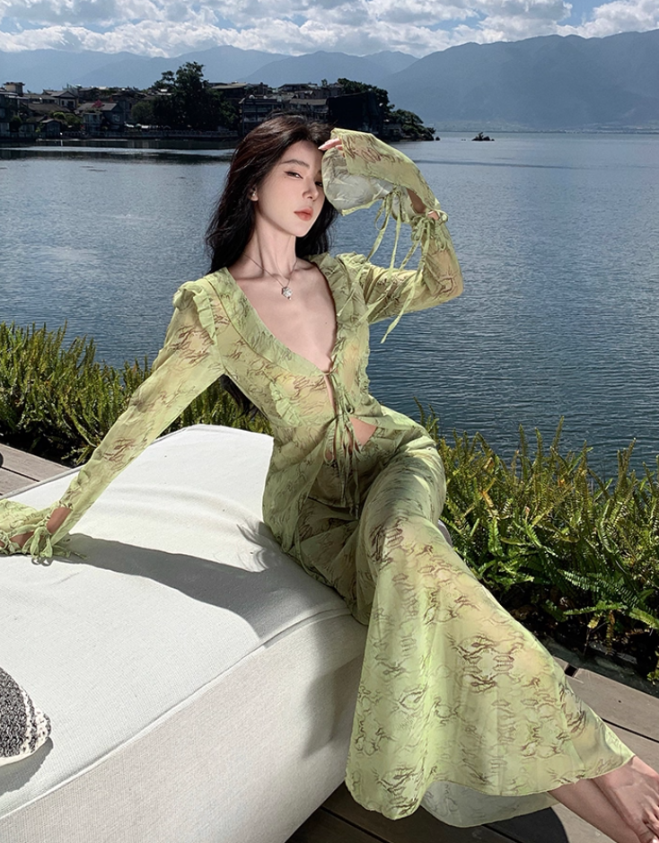 Flowy Long Sleeve Tie-Front Ruffles Trim Maxi Dresses Romantic 2-Piece Set Floral Print Sheath V-Neck Green Long Dress AP3566