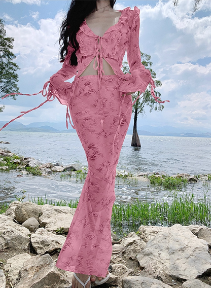 Dopamine Style 2-Piece Set Floral Print Sheath V-Neck Pink Maxi Dresses Flowy Ruffles Trim Tie-Front Long Sleeve Long Dress AP3567