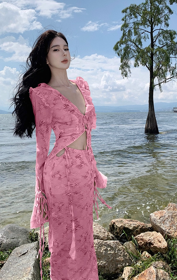Dopamine Style 2-Piece Set Floral Print Sheath V-Neck Pink Maxi Dresses Flowy Ruffles Trim Tie-Front Long Sleeve Long Dress AP3567