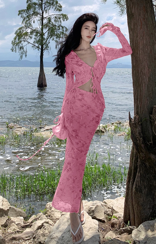Dopamine Style 2-Piece Set Floral Print Sheath V-Neck Pink Maxi Dresses Flowy Ruffles Trim Tie-Front Long Sleeve Long Dress AP3567