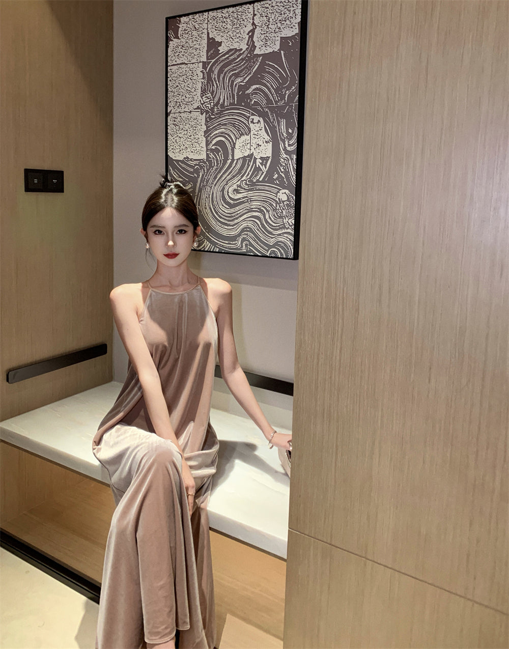 Charming Velvet Loose Fit Evening Maxi Dress Casual A-Line Flowy Hem Slit Halter Long Dress AP3568