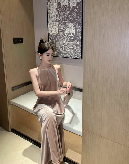 Charming Velvet Loose Fit Evening Maxi Dress Casual A-Line Flowy Hem Slit Halter Long Dress AP3568