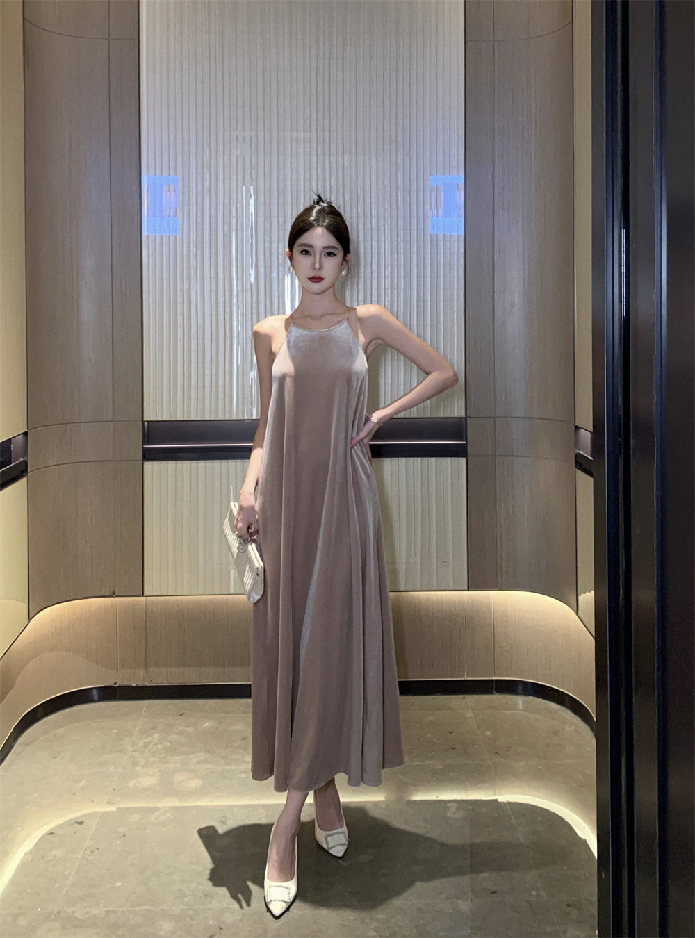 Charming Velvet Loose Fit Evening Maxi Dress Casual A-Line Flowy Hem Slit Halter Long Dress AP3568