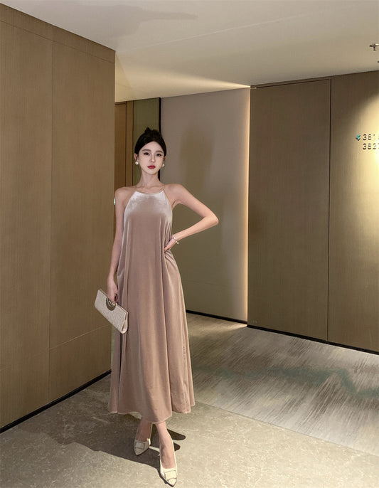 Charming Velvet Loose Fit Evening Maxi Dress Casual A-Line Flowy Hem Slit Halter Long Dress AP3568