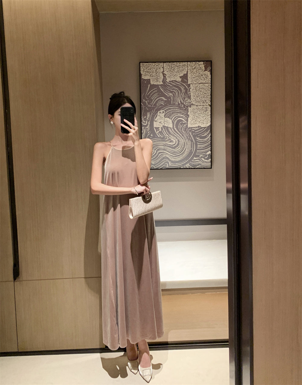 Charming Velvet Loose Fit Evening Maxi Dress Casual A-Line Flowy Hem Slit Halter Long Dress AP3568