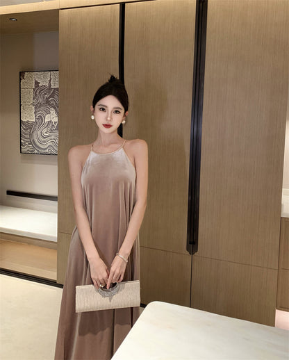 Charming Velvet Loose Fit Evening Maxi Dress Casual A-Line Flowy Hem Slit Halter Long Dress AP3568