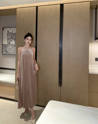 Charming Velvet Loose Fit Evening Maxi Dress Casual A-Line Flowy Hem Slit Halter Long Dress AP3568