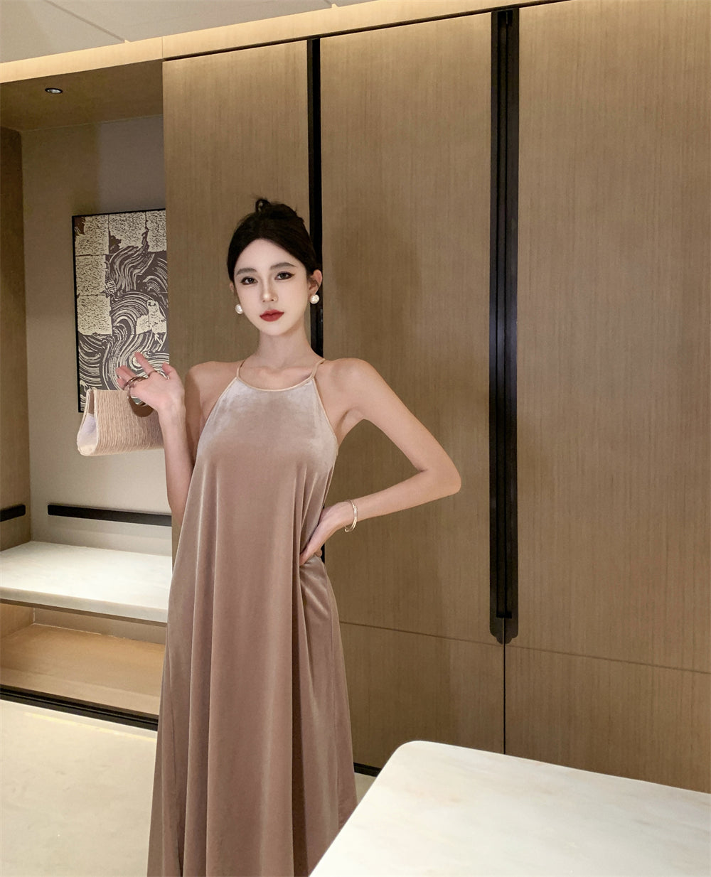 Charming Velvet Loose Fit Evening Maxi Dress Casual A-Line Flowy Hem Slit Halter Long Dress AP3568
