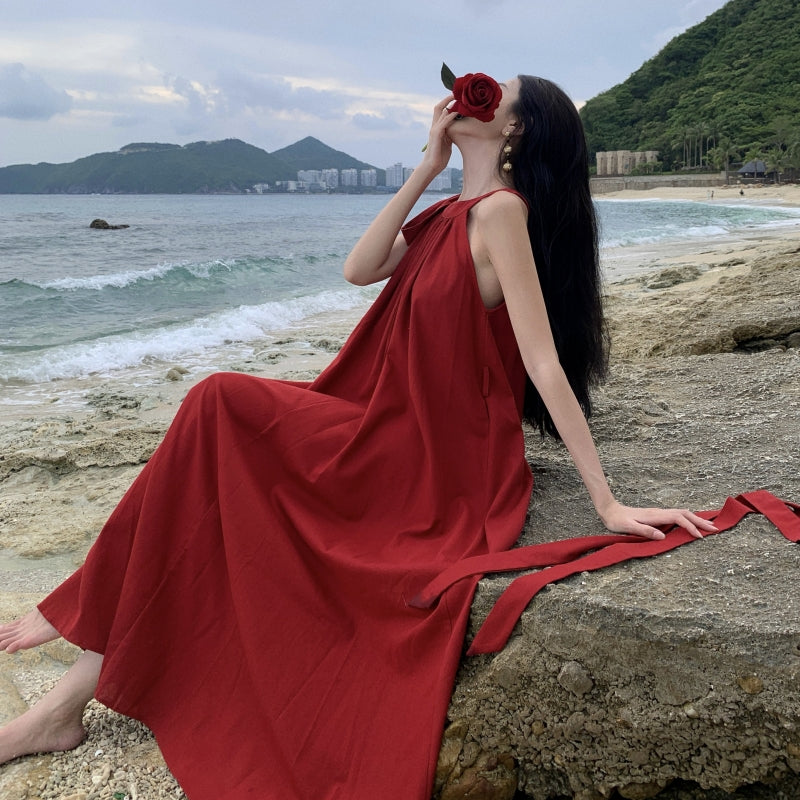Simple Jewel Neck Red Evening Maxi Dress Classical A-Line Sleeveless Flowy Hem Halter Long Dress AP3569
