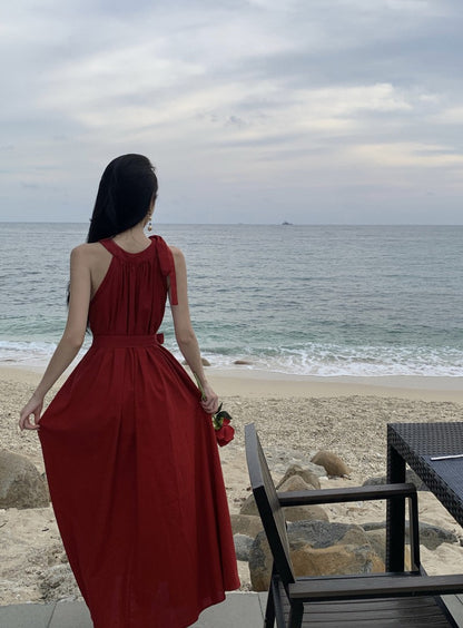 Simple Jewel Neck Red Evening Maxi Dress Classical A-Line Sleeveless Flowy Hem Halter Long Dress AP3569