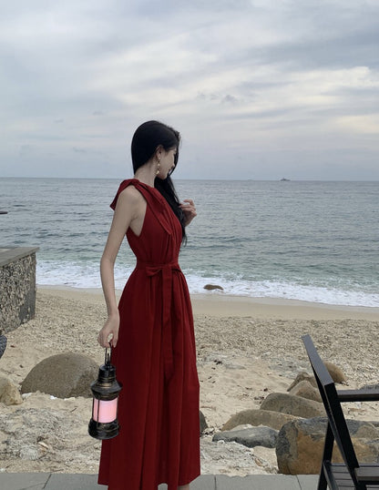 Simple Jewel Neck Red Evening Maxi Dress Classical A-Line Sleeveless Flowy Hem Halter Long Dress AP3569