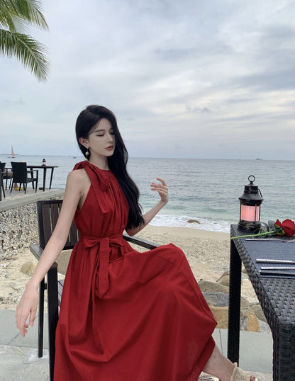 Simple Jewel Neck Red Evening Maxi Dress Classical A-Line Sleeveless Flowy Hem Halter Long Dress AP3569