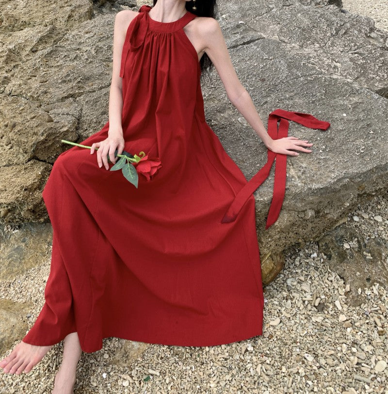 Simple Jewel Neck Red Evening Maxi Dress Classical A-Line Sleeveless Flowy Hem Halter Long Dress AP3569